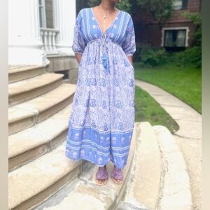 Henna Indian bohemian flowy relaxed paisley Blue Floral Maxi Dress s/m boho chic